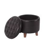 Pouf de rangement rond, similicuir capitonné, brun foncé