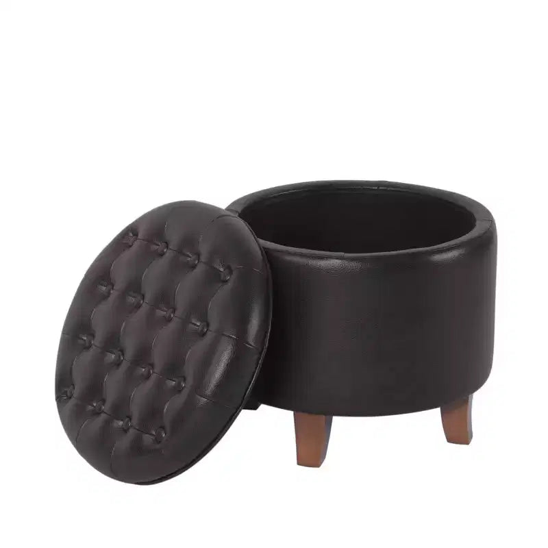 Pouf de rangement rond, similicuir capitonné, brun foncé