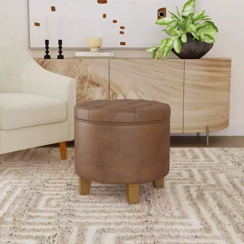Pouf de rangement rond, similicuir capitonné, brun foncé